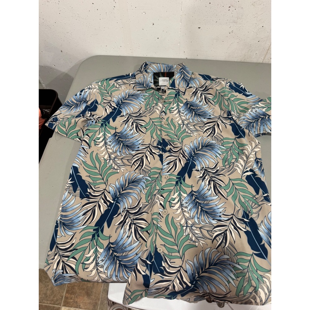 Essex Crossing Mens Medium Stretch Tropical Palm Leaf Button Down Shirt Blue Tan